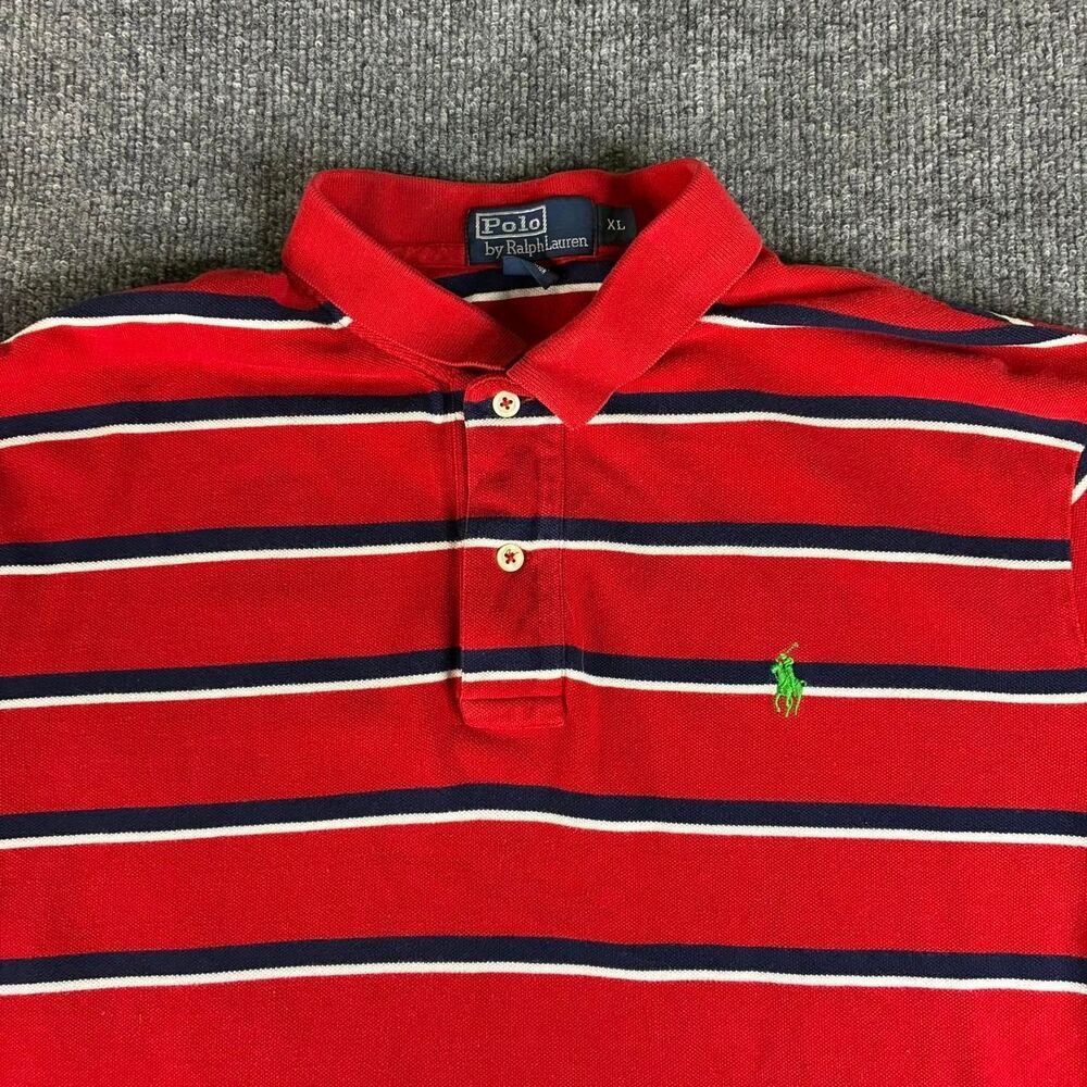 Polo Ralph Lauren Men’s XL Red Navy Striped Short Sleeve Polo Shirt Pony